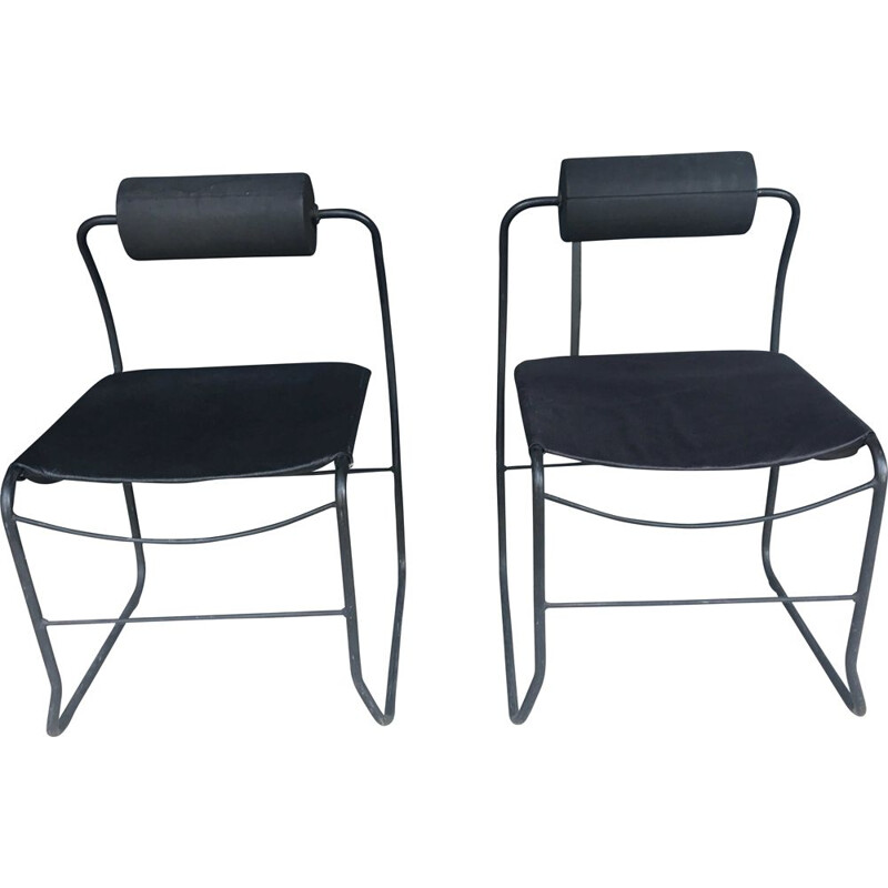 Pair of vintage armchairs in black leather and metal 1980