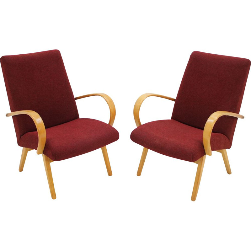 Set of 2 vintage armchairs in red fabric and wood 1960