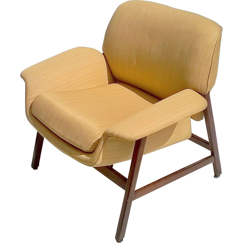 Vintage italian 849 armchair for Cassina in yellow fabric and wood 1950