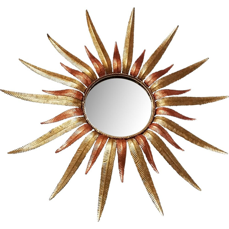Vintage sun mirror in golden metal 1960