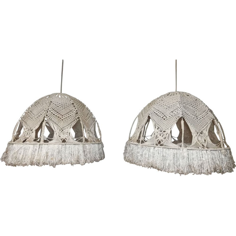 Pair of vintage macrame hanging lamps in metal 1980