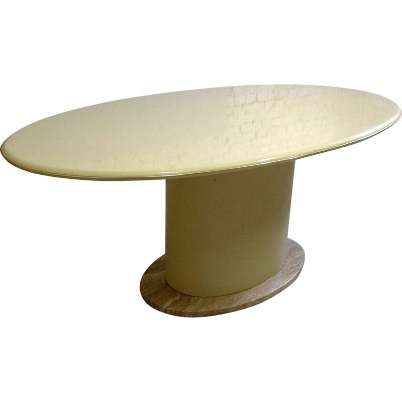 Vintage oval dining table in lacquer and travertine 1980