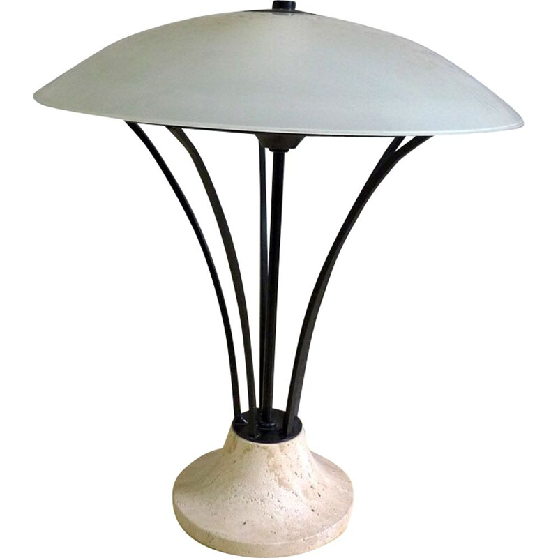 lampe de table vintage en verre métal & travertin 1980