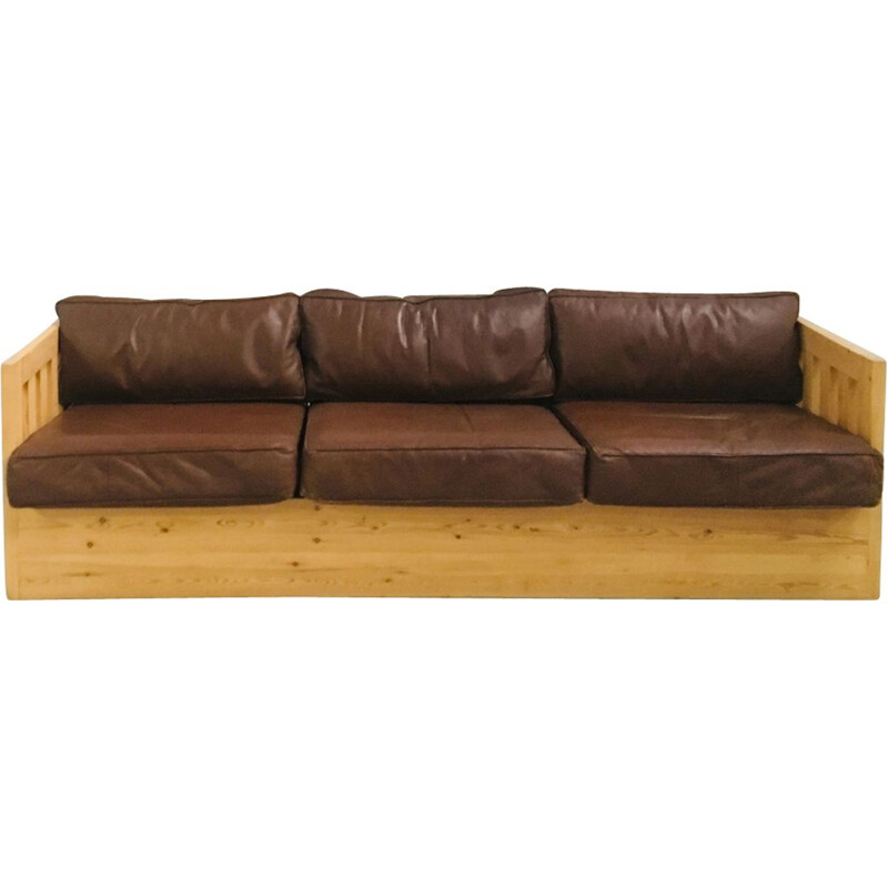 Vintage sofa in wood and leather 1960