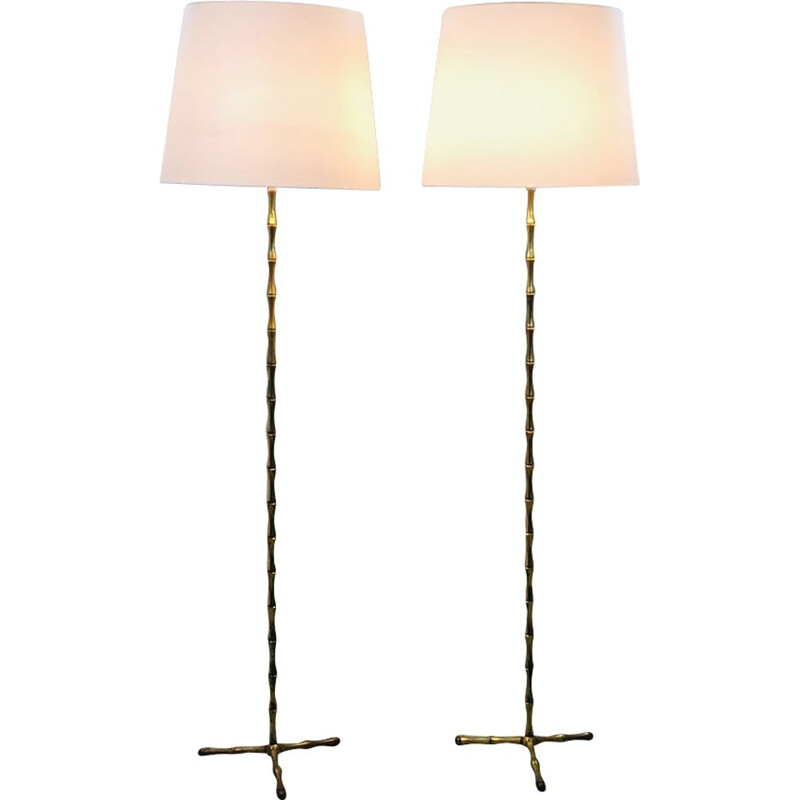 Paire de lampadaires vintage bambou en bronze doré