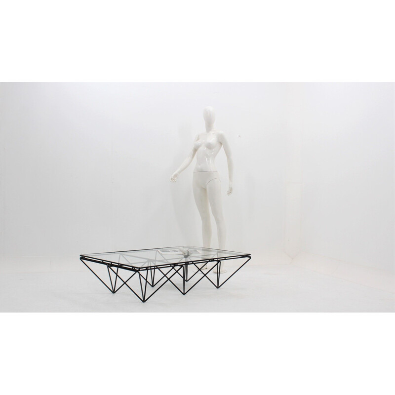 Vintage italian geometric coffee table in glass and black metal 1970