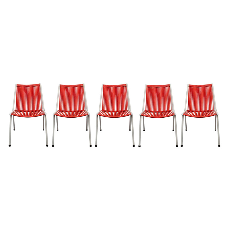 Set of 5 vintage chairs Scoubidou red 1950s