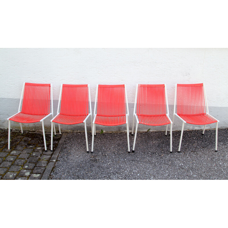 Set of 5 vintage chairs Scoubidou red 1950s