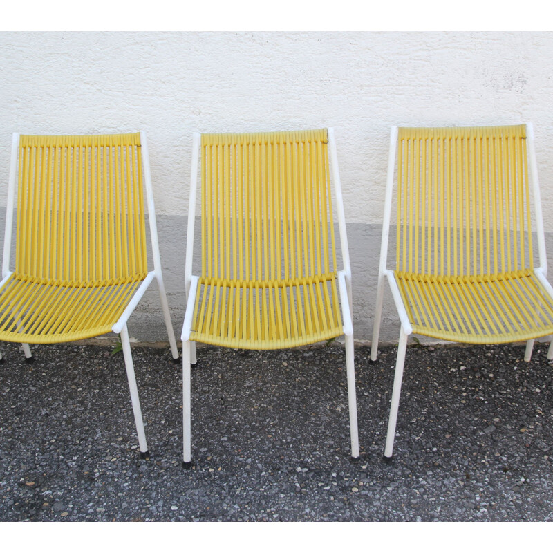 Set of 4 vintage chairs Scoubidou yellow 1950s