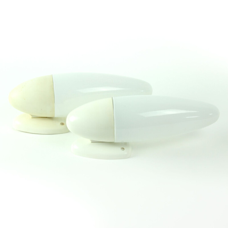 Vintage pair of wall lights in white opaline glass, Czechoslovakia, 1960