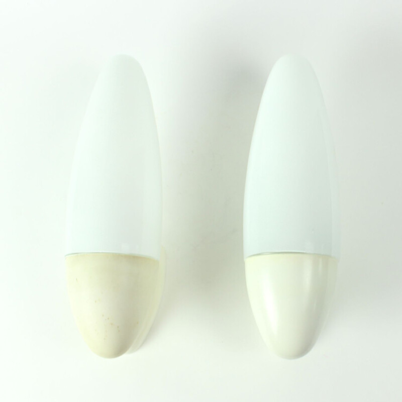 Vintage pair of wall lights in white opaline glass, Czechoslovakia, 1960