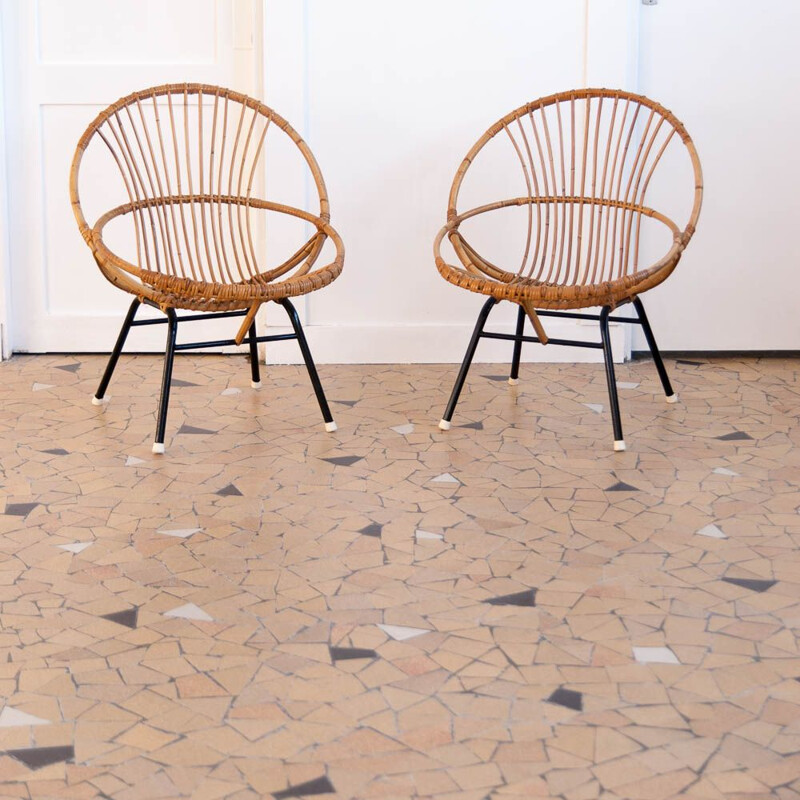 Pair of vintage shell chairs in rattan and black metal 1960