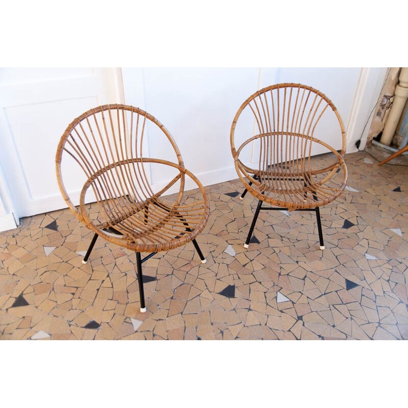 Pair of vintage shell chairs in rattan and black metal 1960