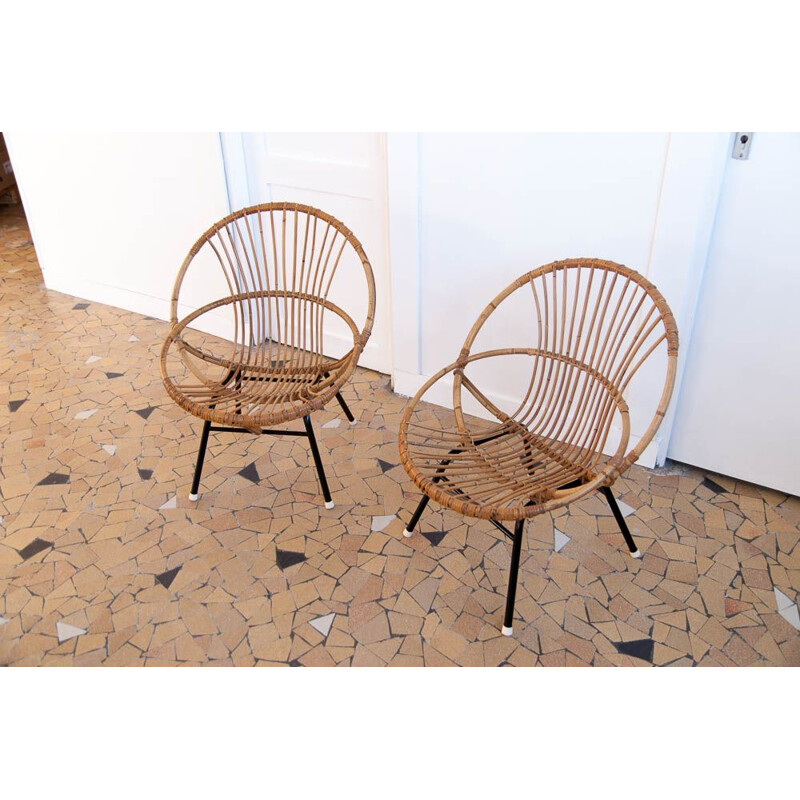 Pair of vintage shell chairs in rattan and black metal 1960