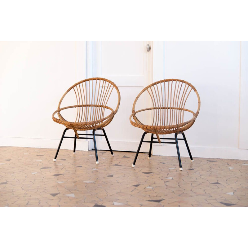 Pair of vintage shell chairs in rattan and black metal 1960