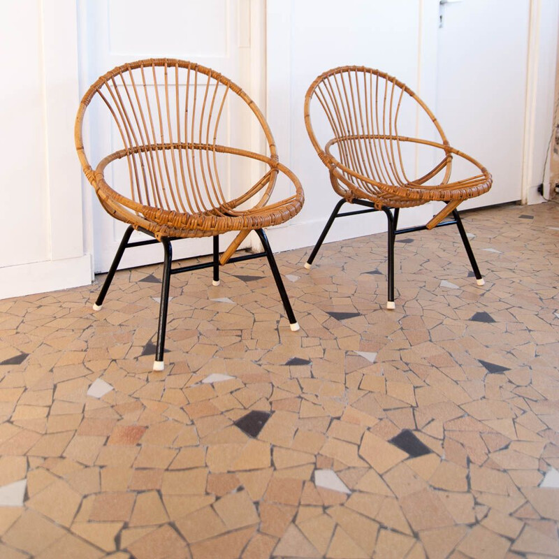 Pair of vintage shell chairs in rattan and black metal 1960