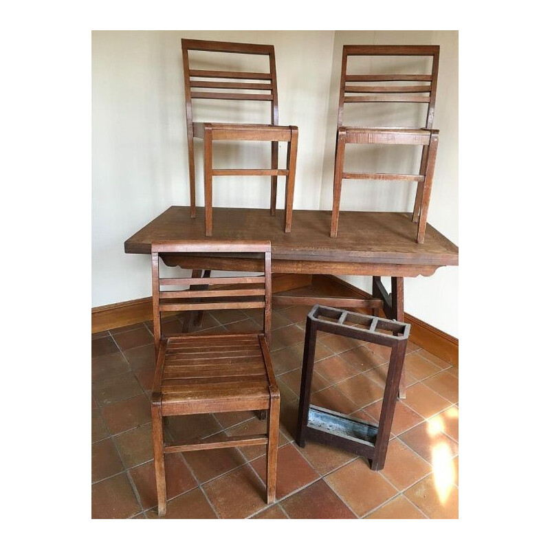 Vintage dining set and umbrella stand by Gabriel in oak 1950