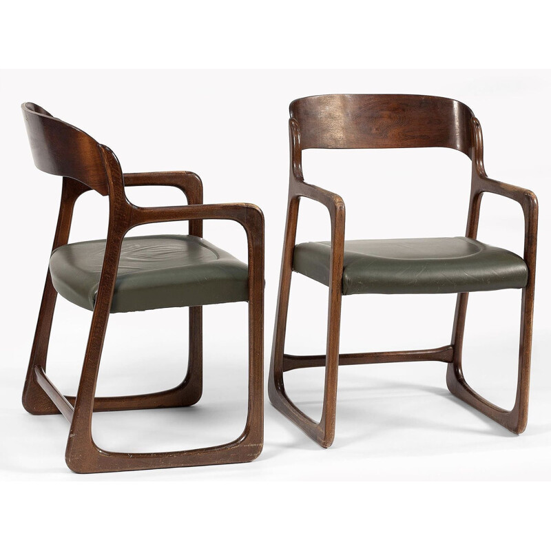 Suite de 4 chaises vintage et 2 fauteuils Baumann modèle Traineau en cuir 1960