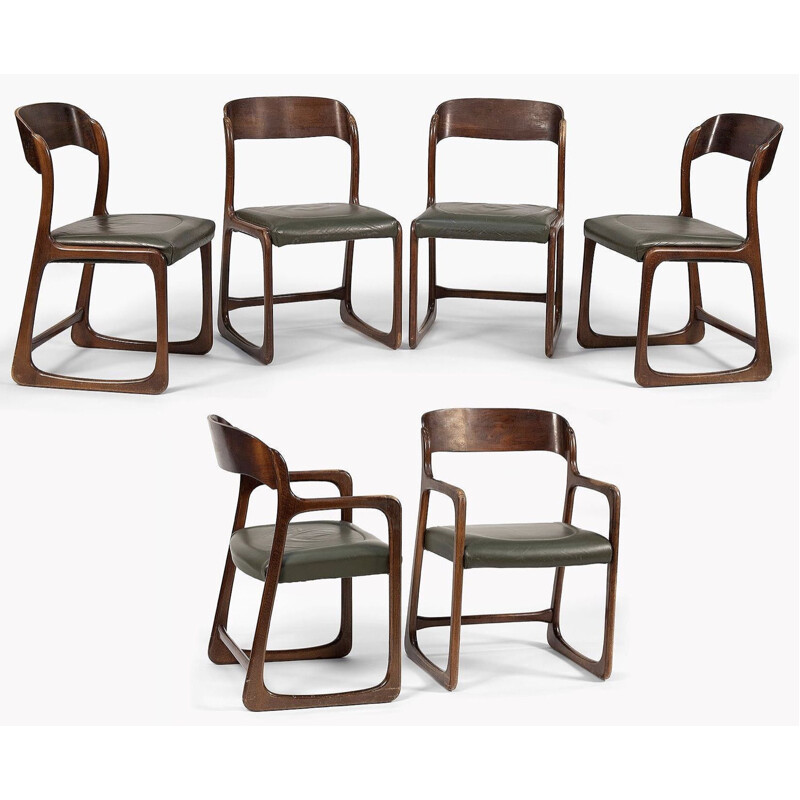 Suite de 4 chaises vintage et 2 fauteuils Baumann modèle Traineau en cuir 1960