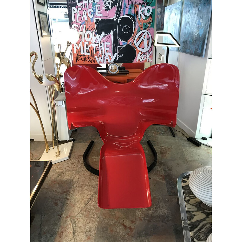 Fauteuil vintage Elephant pour Roudillon en fibre de verre rouge et acier