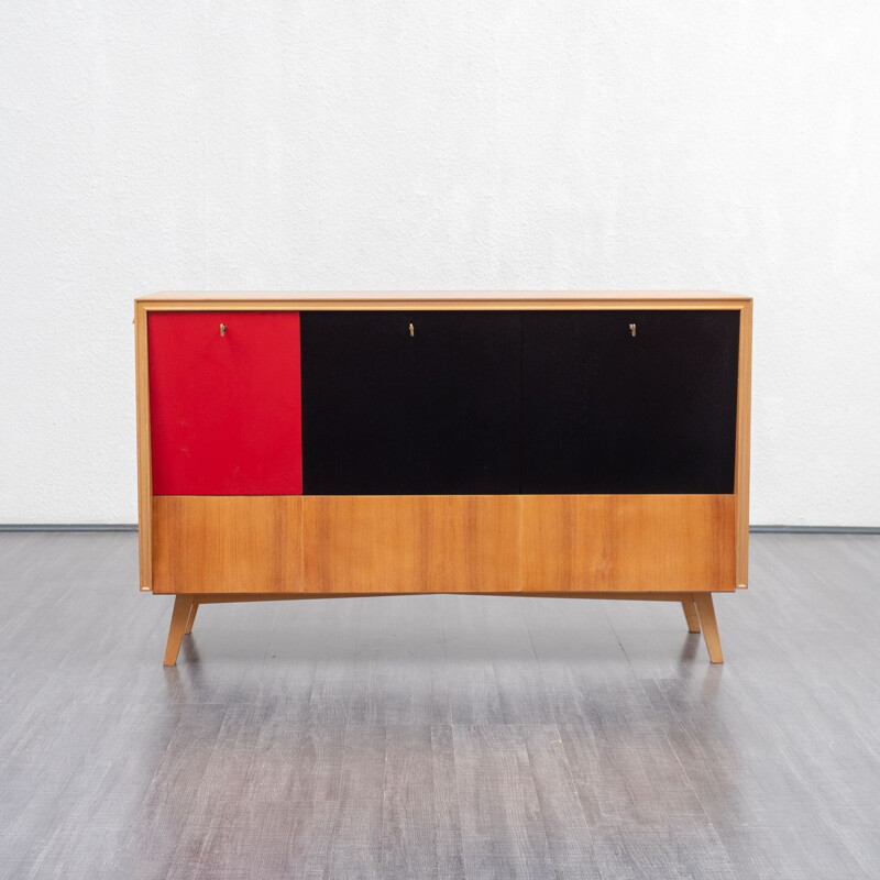 Vintage bar cabinet with integrated lighting in walnut and red formica 1950