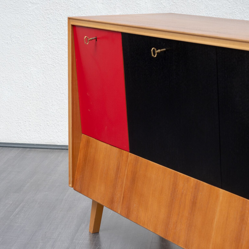 Vintage bar cabinet with integrated lighting in walnut and red formica 1950