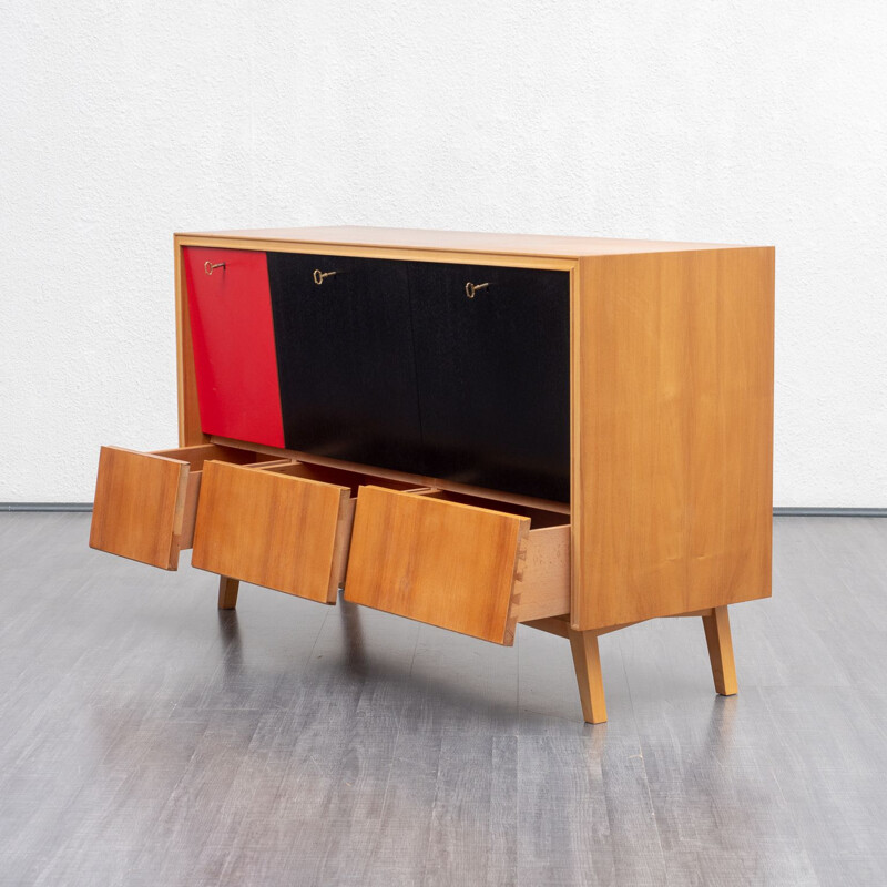 Vintage bar cabinet with integrated lighting in walnut and red formica 1950