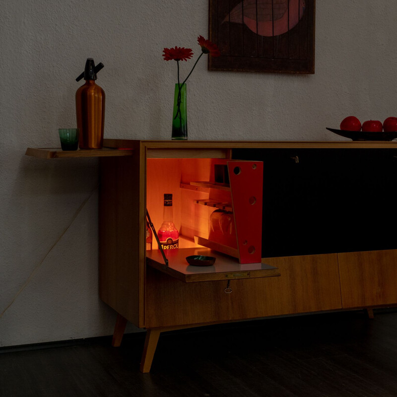 Vintage bar cabinet with integrated lighting in walnut and red formica 1950