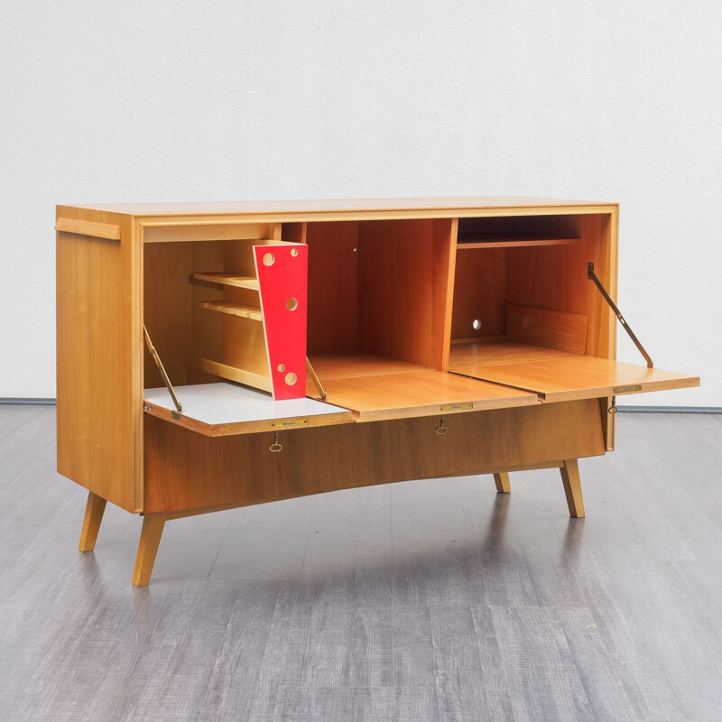 Vintage bar cabinet with integrated lighting in walnut and red formica 1950