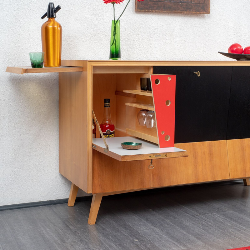 Vintage bar cabinet with integrated lighting in walnut and red formica 1950