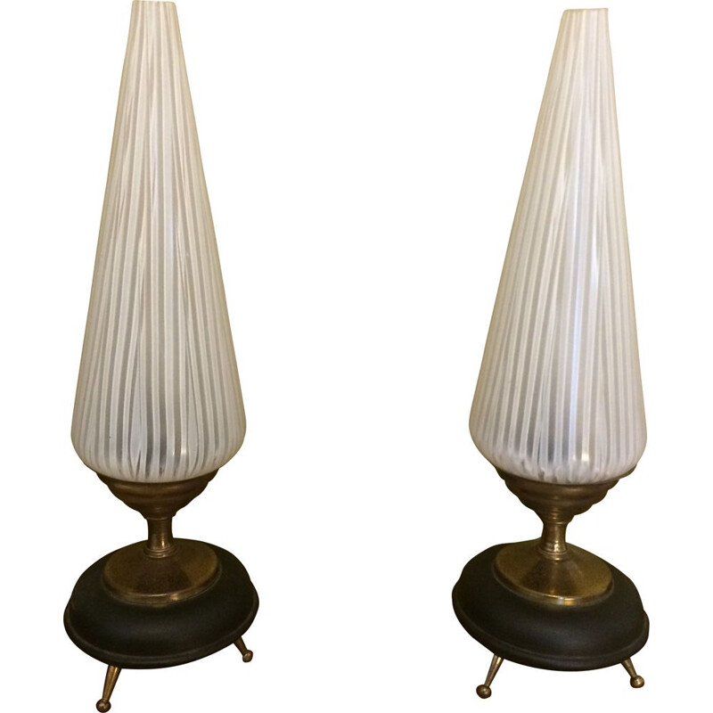 Pair of vintage brass and black metal tripods lamps 1960