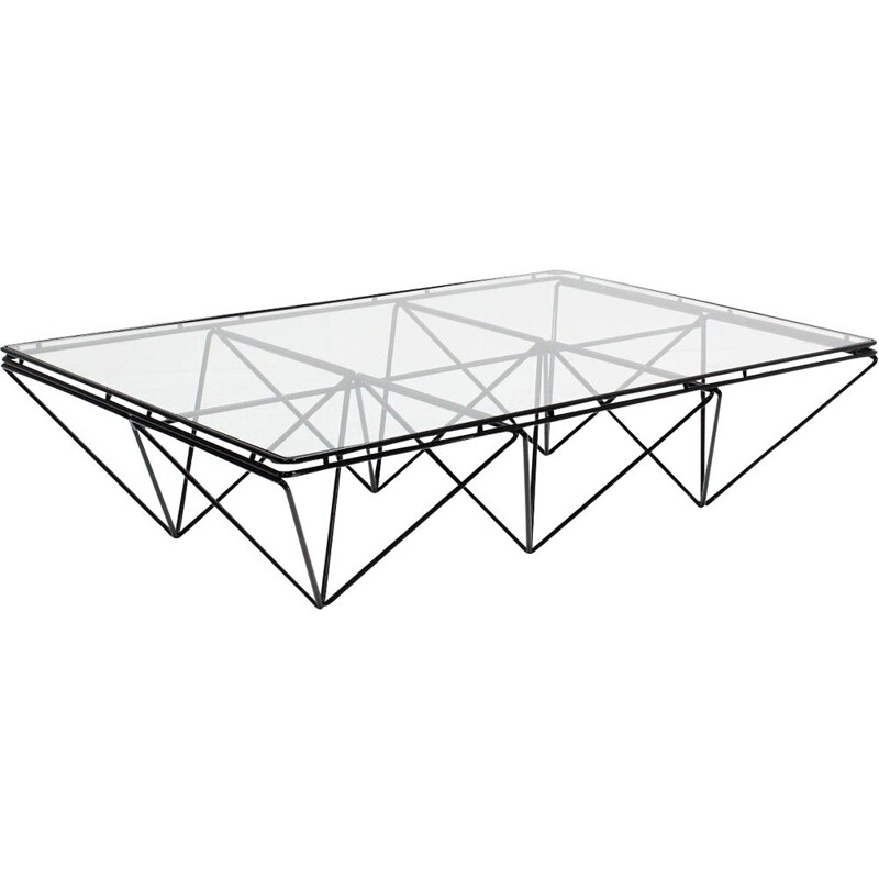 Vintage italian geometric coffee table in glass and black metal 1970