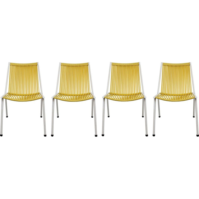 Ensemble de 4 chaises vintage Scoubidou jaune des années 1950