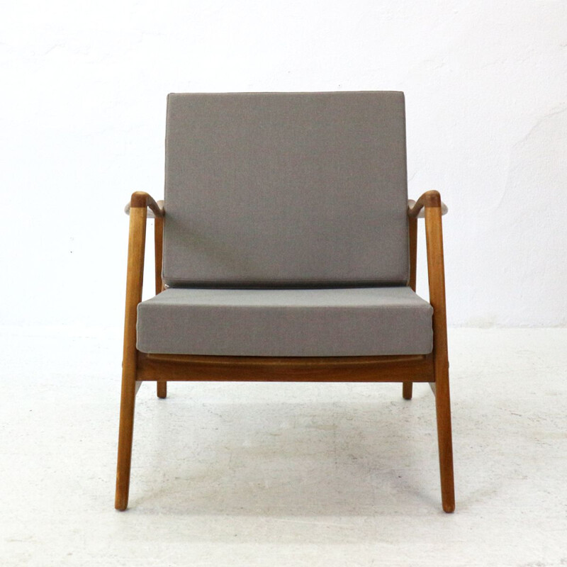 Vintage german armchair in grey fabric beechwood and walnut 1960