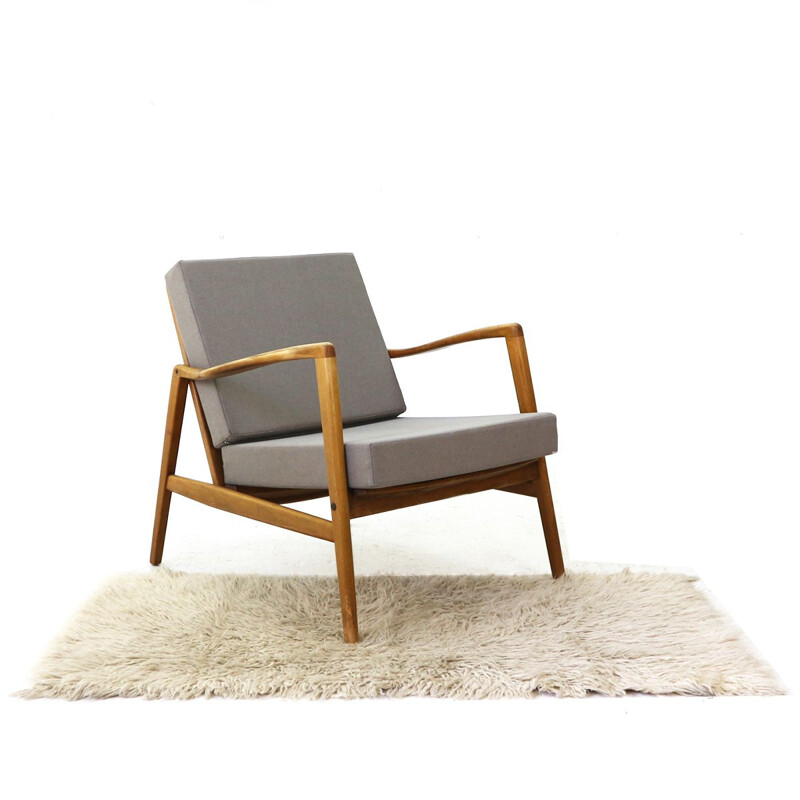 Vintage german armchair in grey fabric beechwood and walnut 1960