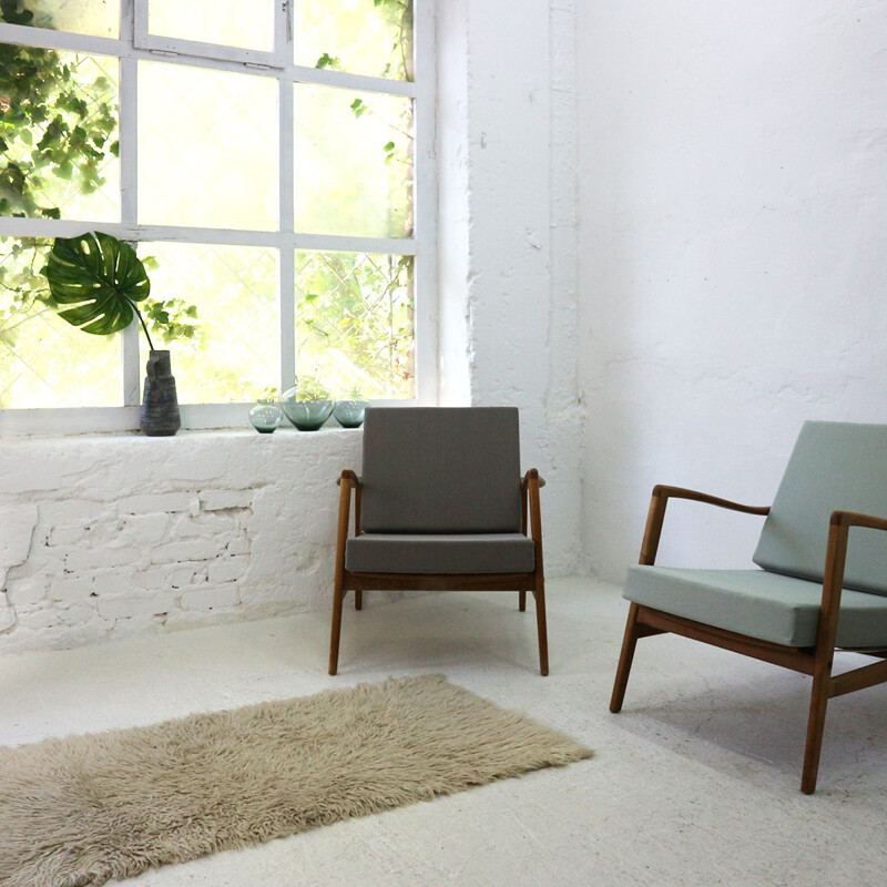 Vintage german armchair in grey fabric beechwood and walnut 1960