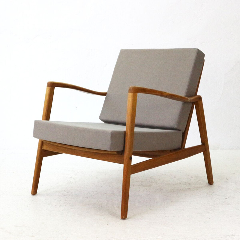 Vintage german armchair in grey fabric beechwood and walnut 1960