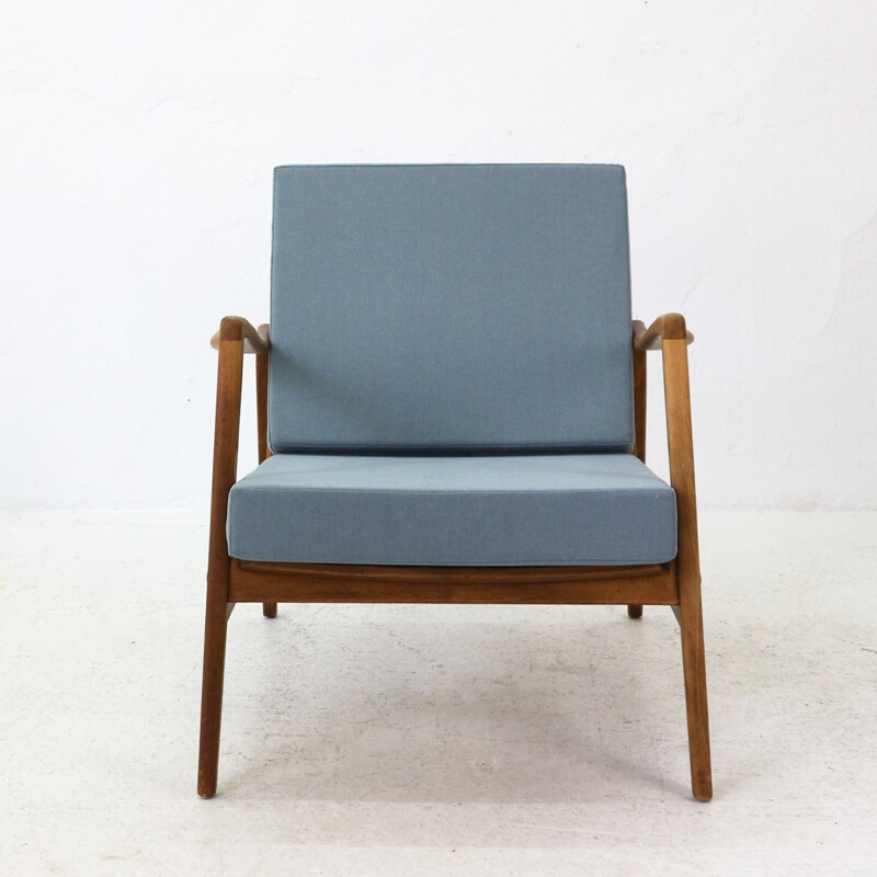 Fauteuil vintage allemand en tissu bleu hêtre et noyer 1960