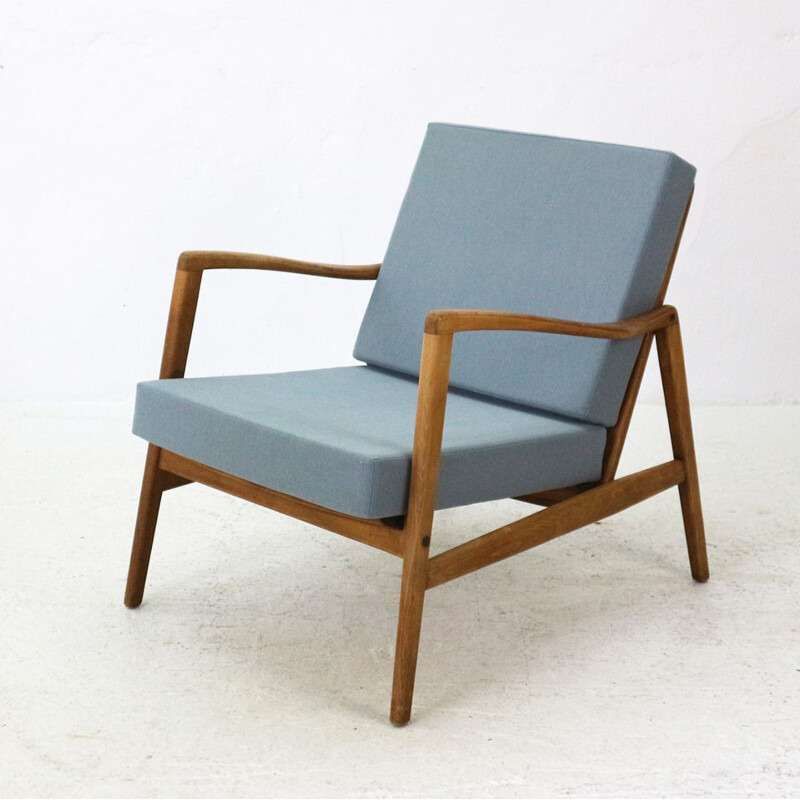 Vintage german armchair in blue fabric beechwood and walnut 1960