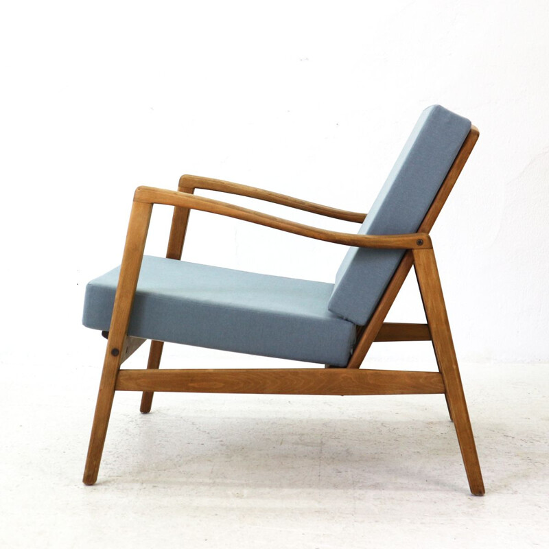 Fauteuil vintage allemand en tissu bleu hêtre et noyer 1960