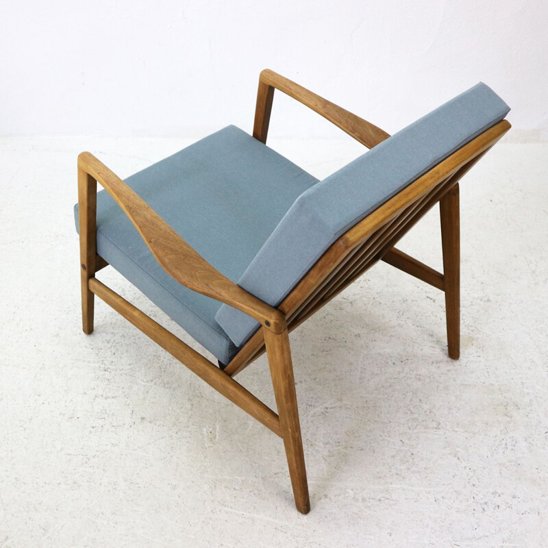 Vintage german armchair in blue fabric beechwood and walnut 1960