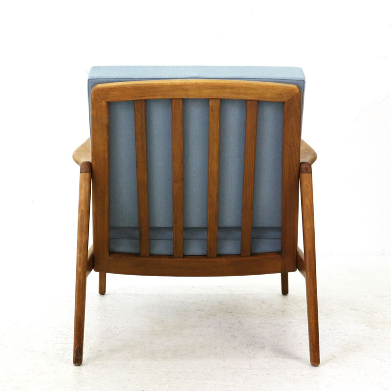 Vintage german armchair in blue fabric beechwood and walnut 1960