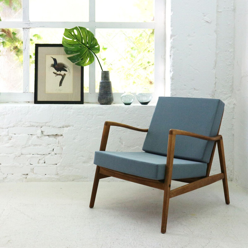 Vintage german armchair in blue fabric beechwood and walnut 1960