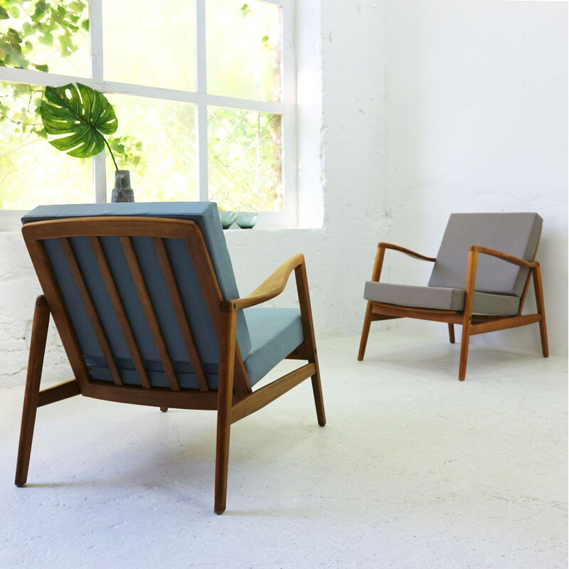 Vintage german armchair in blue fabric beechwood and walnut 1960