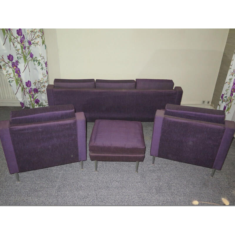 Vintage Relaxair lounge set for Airborne in purple fabric and metal 1950