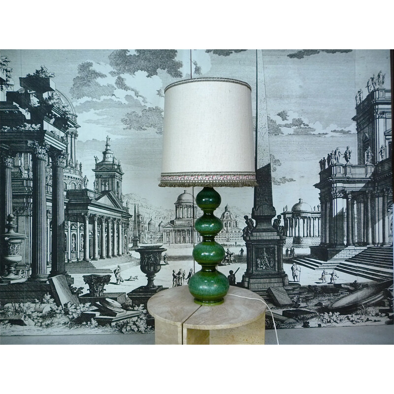 Lampe vintage allemande pour Kaiser-Leuchten en céramique verte et tissu blanc 1960