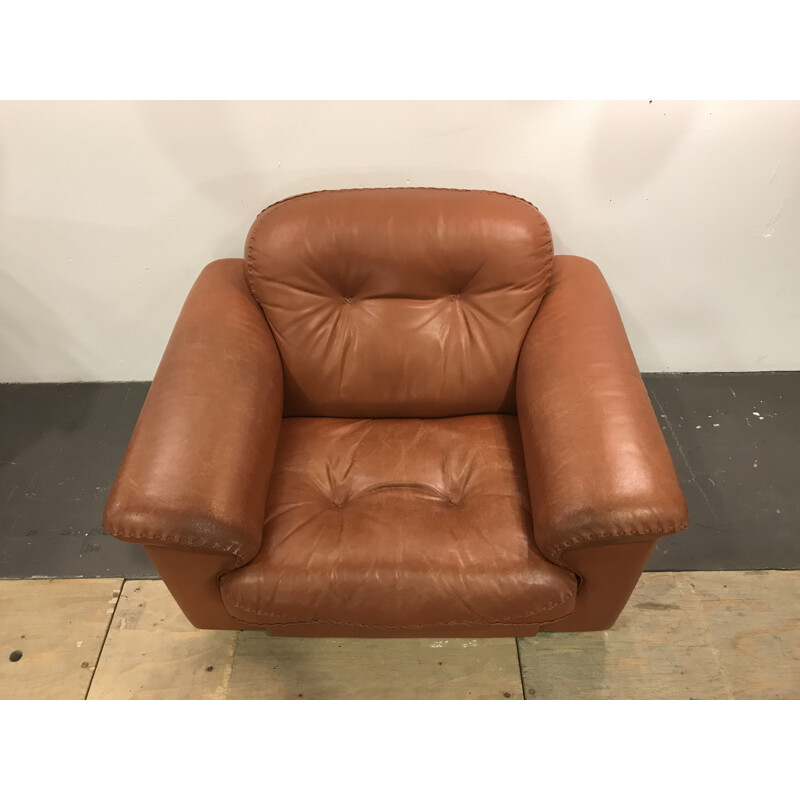 Vintage DS101 armchair by de Sede in brown leather and wood 1970