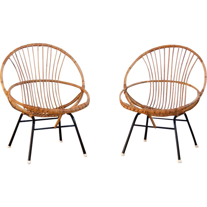 Pair of vintage shell chairs in rattan and black metal 1960