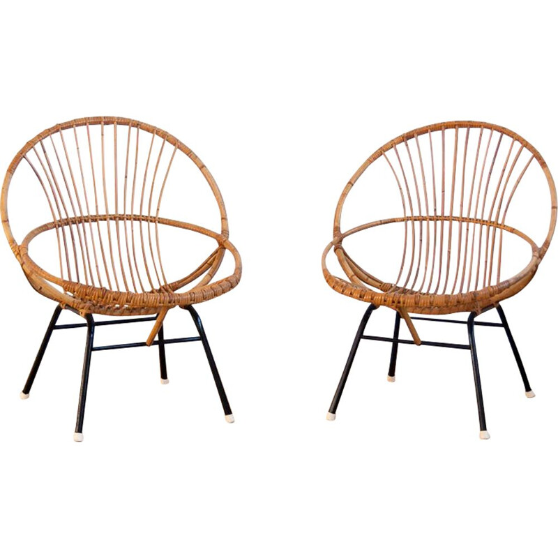 Paire de chaises vintage coquilles en rotin et métal noir 1960