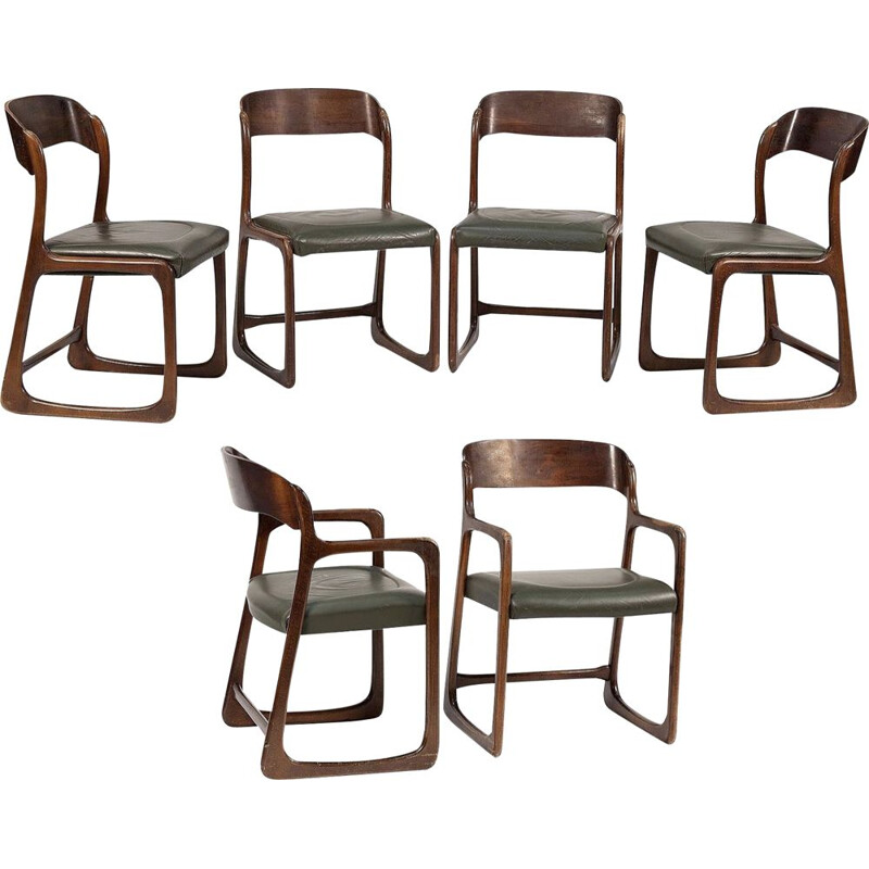 Set of 4 vintage chairs and 2 Baumann model sled armchairs in leather 1960